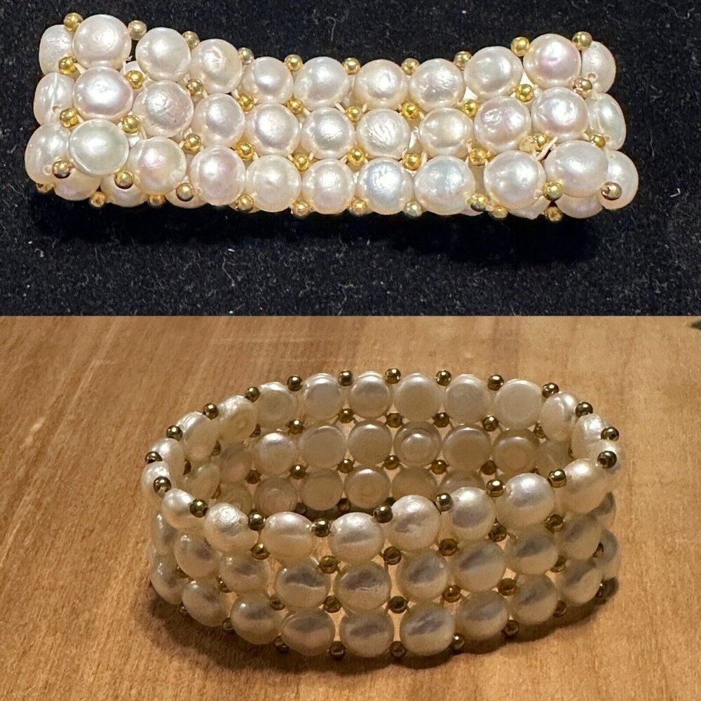 White Pearl Gold Tone Bead Neutral Stretch Bracelet Wedding